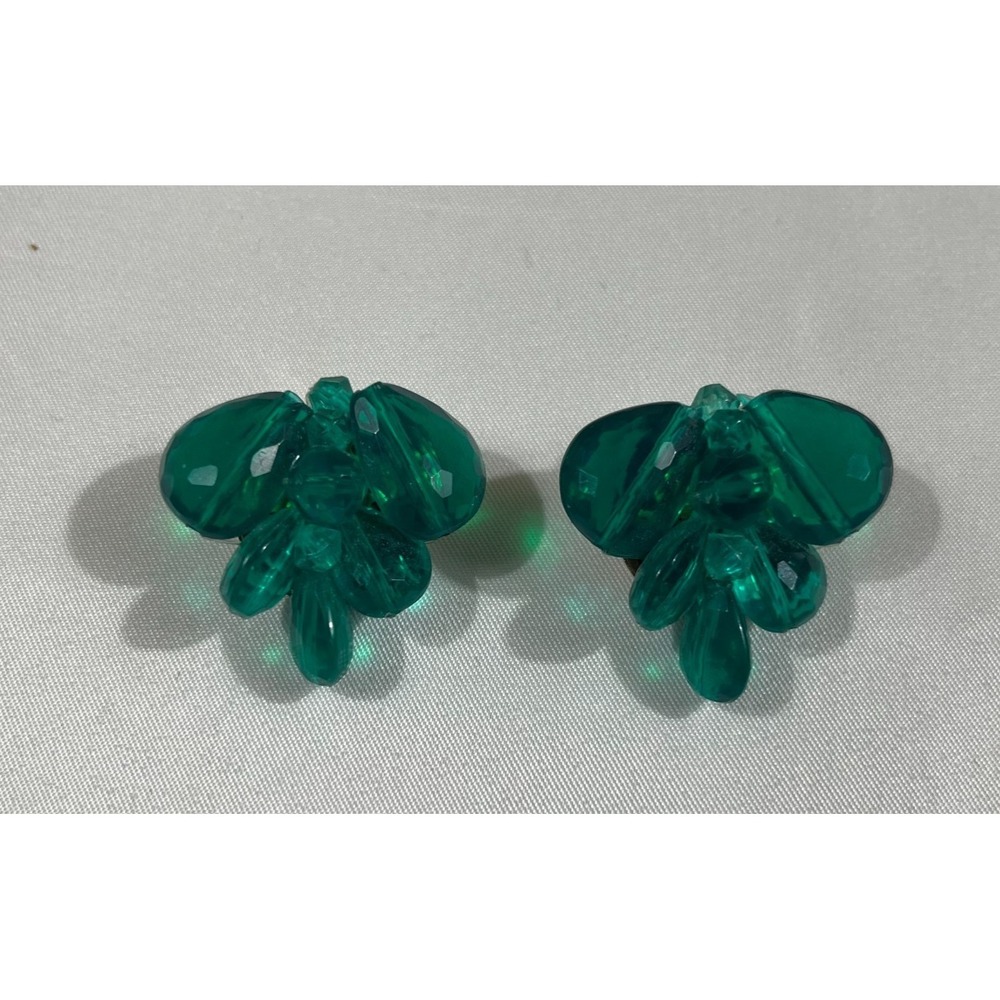 Vintage Germany Clip On Earrings Green Glass Bead Cluster Whimsygoth MCM Jewelry